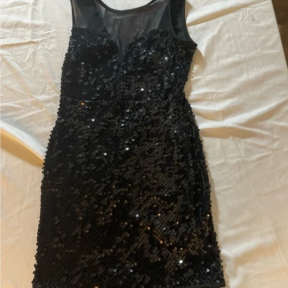 Privately Privileged Black Sequin Mini Dress Illusion Mesh Party Cocktail - Picture 3 of 9